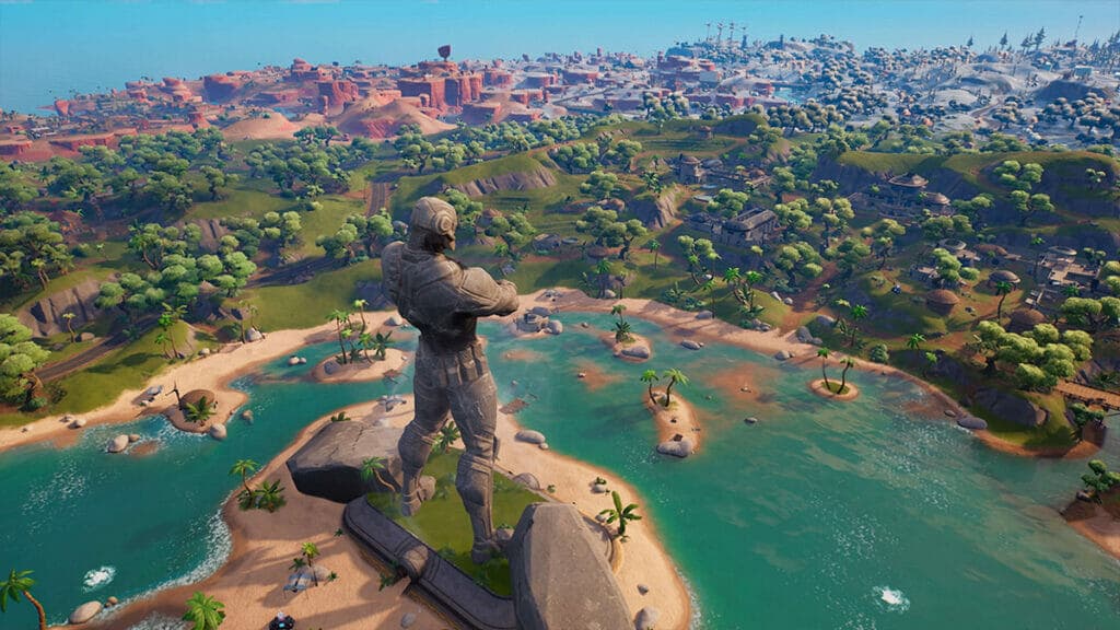 An in-game screenshot of the Fortnite map, showcasing the landscape