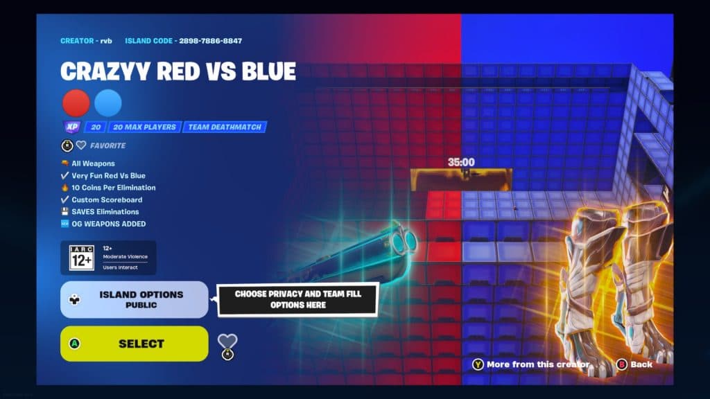 a screenshot featuring the Crazyy Red vs Blue gun game mode in Fortnite