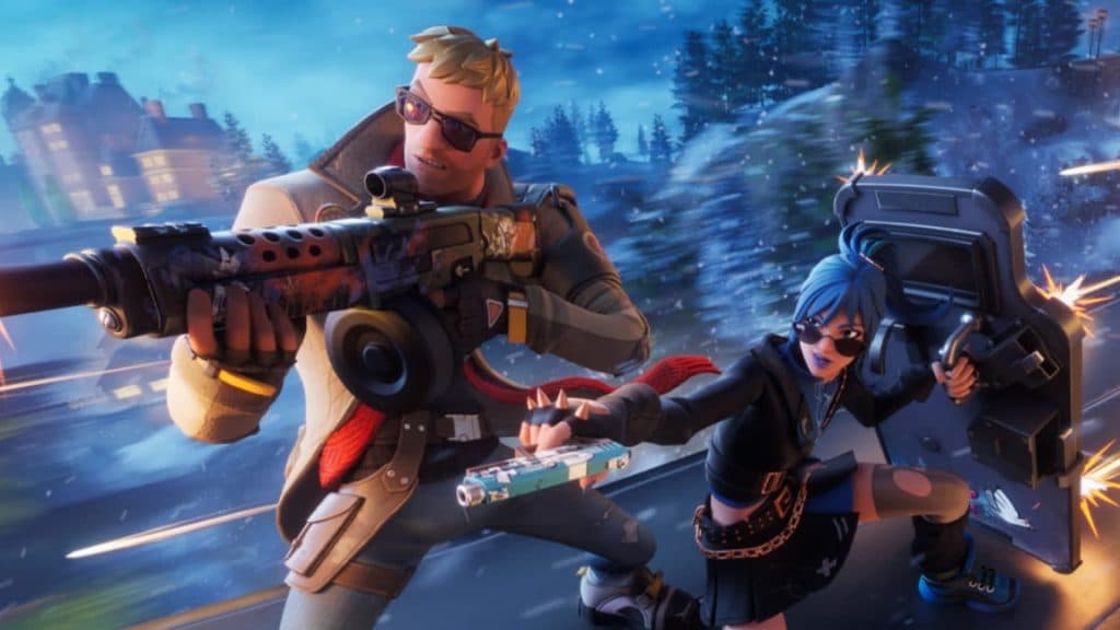 An image showing two characters firing weapons in Fortnite.