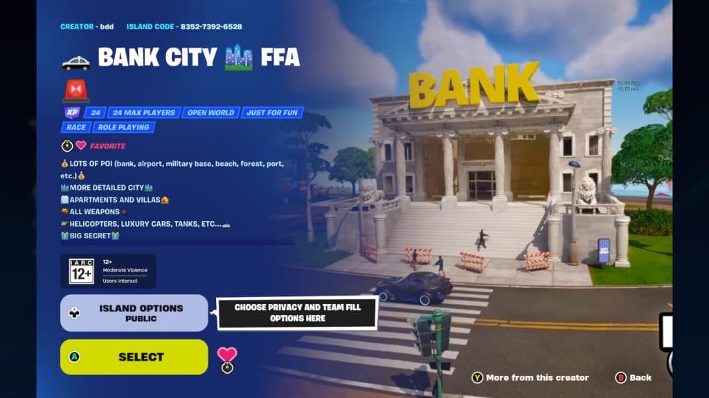 A screenshot featuring the Bank City gun game mode in Fortnite.