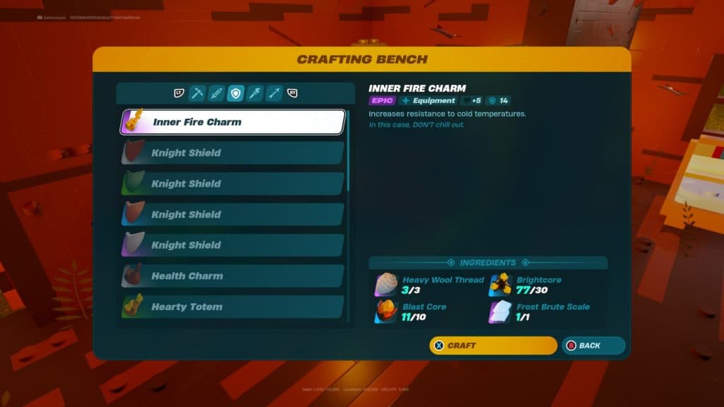 A screenshot featuring the Inner Fire Charm in LEGO Fortnite.