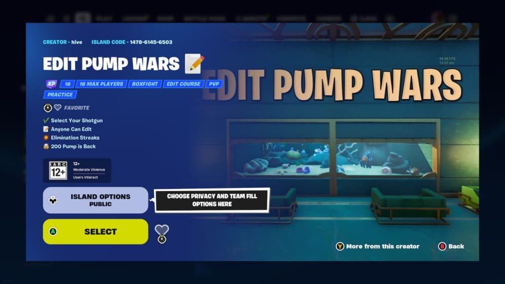 A screenshot featuring the Edit Pump Wars gun game mode in Fortnite.