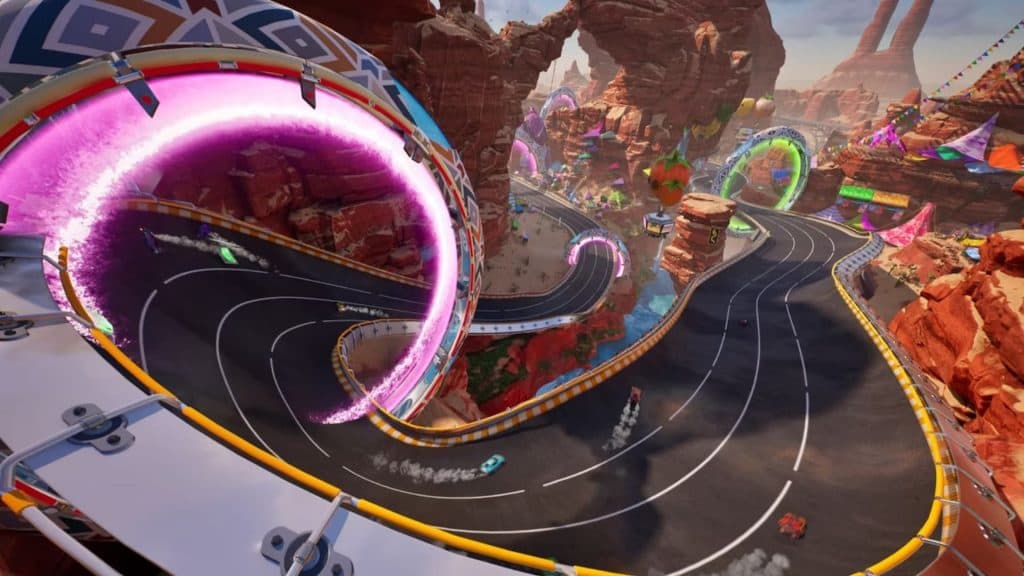 An in-game screenshot of a track loop in Fortnite Rocket Racing