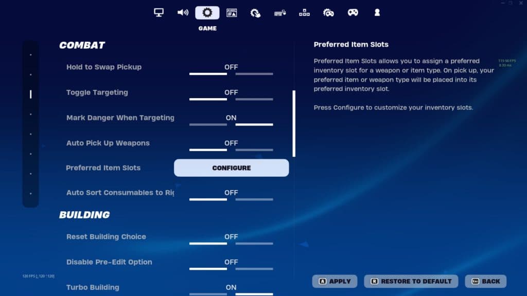Screenshot featuring the preferred item slots settings in Fortnite.