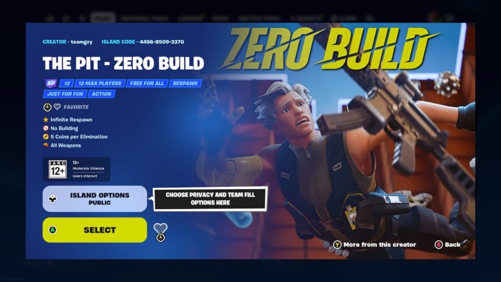 A screenshot featuring The Pit - Zero Build gun game mode in Fortnite.
