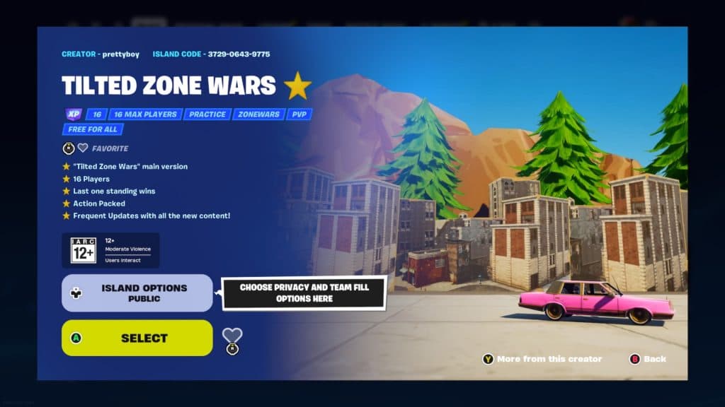 A screenshot featuring the Tilted Zone Wars gun game mode in Fortnite.