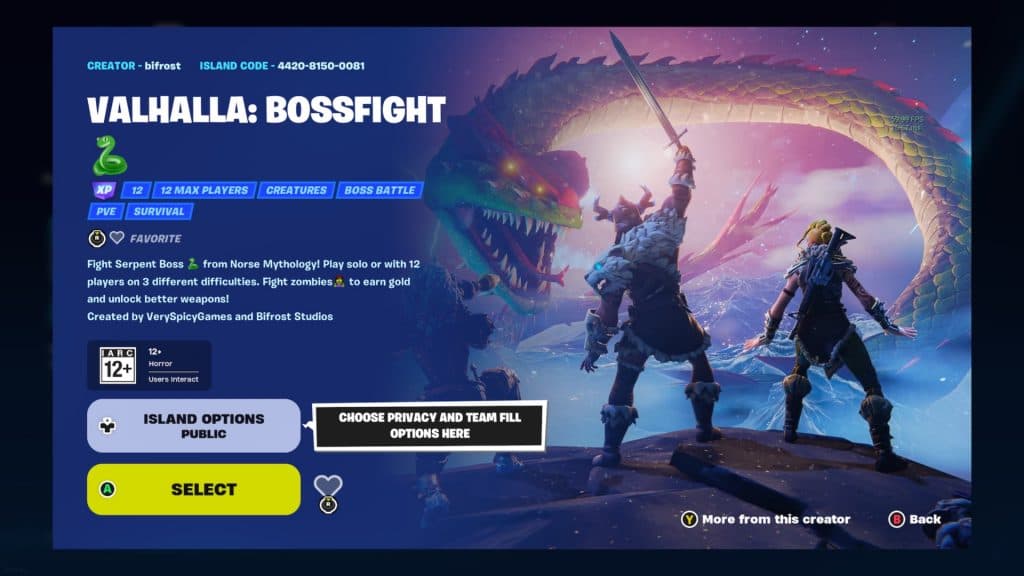 A screenshot featuring the Valhalla Bossfight gun game mode in Fortnite.